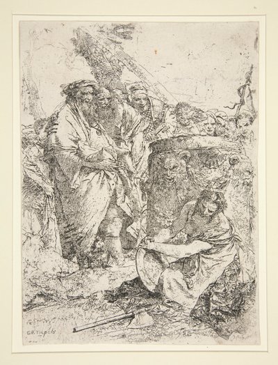 Kvinna som knäböjer och håller en maträtt, från serien Scherzi av Giovanni Battista Tiepolo