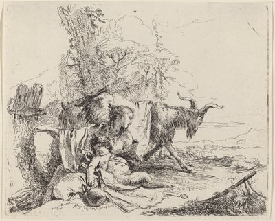 Kvinna, Satyrbarn och get i ett landskap av Giovanni Battista Tiepolo