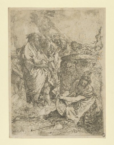 Kvinna som knäböjer framför magiker och andra figurer, från Scherzi, ca. 1740. av Giovanni Battista Tiepolo