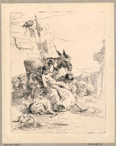 Kvinna med två barn och en åsna, tallrik 21 från Scherzi di Fantasia av Giovanni Battista Tiepolo