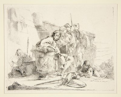 Ung man sittande och lutad på en urna, från serien Vari Capricci av Giovanni Battista Tiepolo