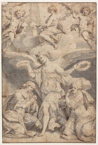 En ängel kransar en knästående kvinna och en knästående soldat, medan två änglar i molnen kommer flygande med palmkvistar och en tredje spelar en orgel av Giovanni Battista Trotti