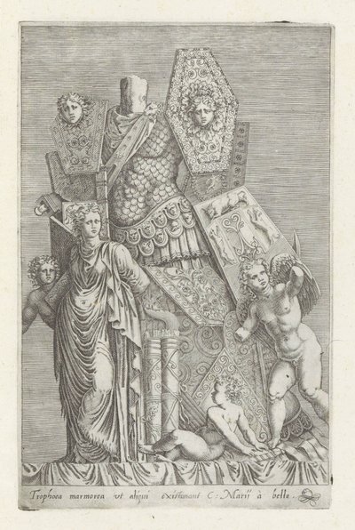 Trofee van wapans, een vrouwenfiguur och engelen En marmortrofé som vissa tror (...) (titel på objekt) Antika skulpturer i Rom (serietitel) Ikoner av de antika statyerna av staden Rom som ses på offentliga platser (serietitel) av Giovanni Battista de
