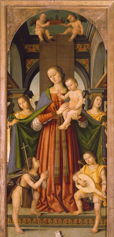 Madonna med barn, centralpanel av Madonna med barn Triptyk med heliga (målning) av Giovanni Battista the Elder Bertucci
