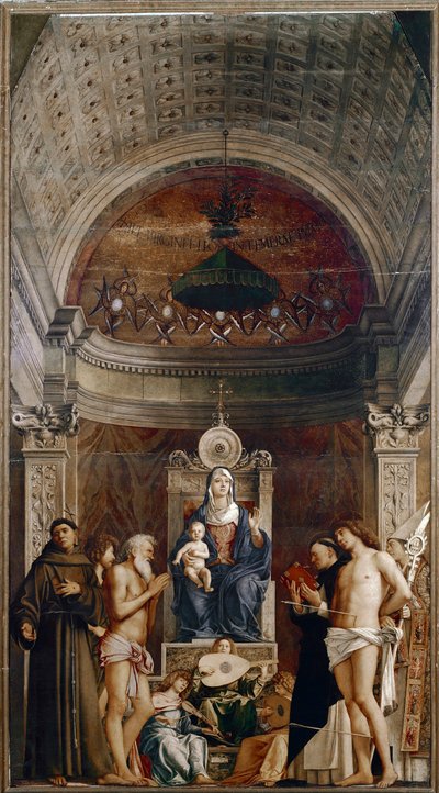 Altartavla av Saint Job: Virgin and Child with Sex Saints and Musicians Angels (tempera på panel, ca 1487) av Giovanni Bellini