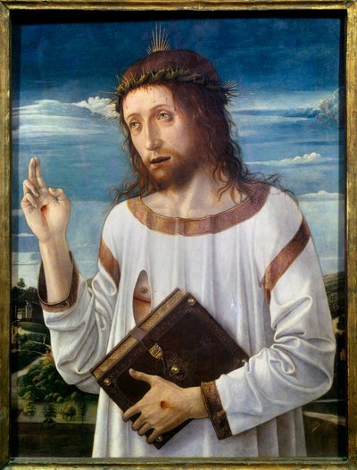 Kristusbänkmålning av Giovanni Bellini dit il Giambellino (1430-1516) 1460 sön.0,58x0,46 m - Kristusvälsignelsen. Målning av Giovanni Bellini kallad Giambellino (1430-1516) 1460. 0,58 x 0,46 m. Louvren, Paris av Giovanni Bellini