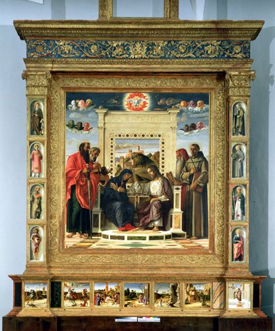 Jungfruns kröning med SS. Paulus, Peter, Hieronymus och Franciskus av Assisi med scener från helgonens liv i predellapanelen, känd som altartavlan Pala di Pesaro, ca 1474 (olja på panel) av Giovanni Bellini