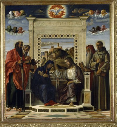 Jungfruns kröning med SS. Paulus, Peter, Hieronymus och Franciskus av Assisi med scener från helgonens liv i predellapanelen, känd som altartavlan 