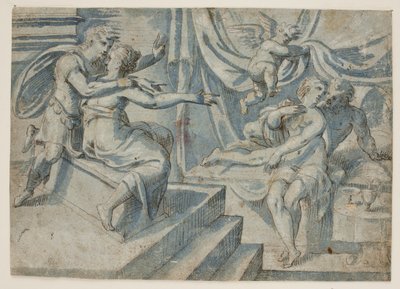 Ett älskande par på en säng avslöjas av en putto för en romersk soldat och hans fru av Giovanni Bellini