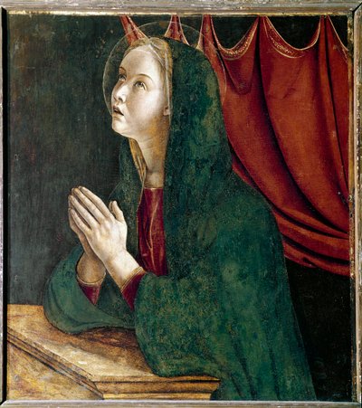 Polyptyk av Saint Vincent Ferrier: jungfru av bebådelsen (Polyptyk av St Vincent Ferrer: jungfru av annunciation) Målning av Giovanni Bellini dit il Giambellino (ca 1432-1516) 1464-1468 Dim 72x67 cm Venedigkyrkan Santi Giovannie av Giovanni Bellini