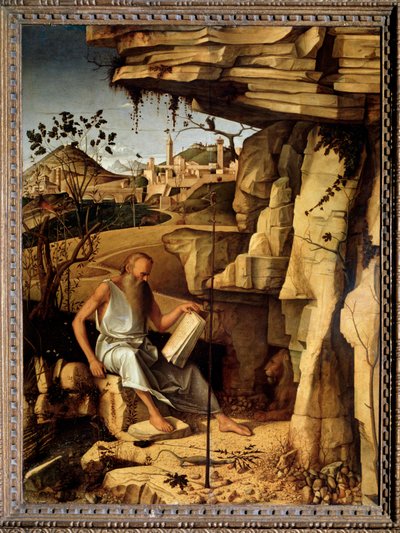 Saint Hieronymus i öknen Målning av Giovanni Bellini dit il Giambellino (ca 1430-1516) 1479 Dim 145x114 cm Palazzo Pitti Florence av Giovanni Bellini