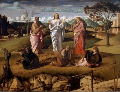 Kristi förvandling. Gamla testamentets karaktärer Moses och Elia representeras runt Jesus. Konstnärens signatur är representerad på ett papper som håller stängningen i förgrunden. Målning av Giovanni Bellini sa il Giambellino (1432 av Giovanni Bellini