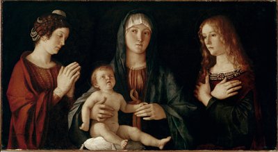 Jungfru med barn med den heliga Katarina och den heliga Maria Magdalena (tempera på panelen av Giovanni Bellini
