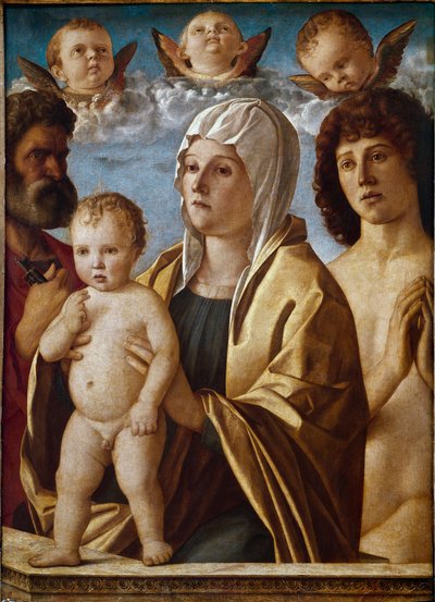 Jungfru med barn med St Peter och St Sebastian (tempera på panel av Giovanni Bellini