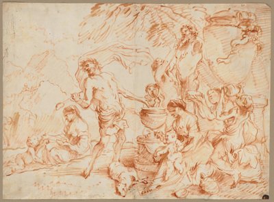 Bacchanal Before a Herm, tidigt 1660-tal (olja och rödbrunt pigment) av Giovanni Benedetto (1609 64) Castiglione