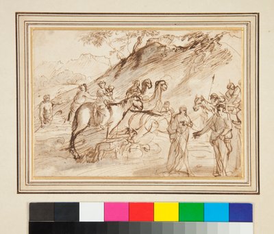 Ett möte mellan två män, hästar och kameler i bakgrunden (penna och brunt bläck och grått tvätt) av Giovanni Benedetto Castiglione