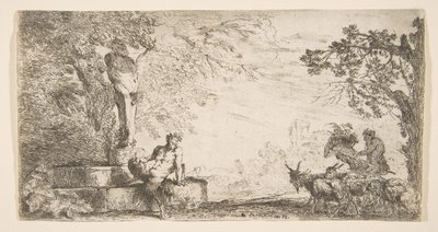 En satyr liggande vid foten av en staty av Priapus, getter till höger, ca. 1645-48. av Giovanni Benedetto Castiglione