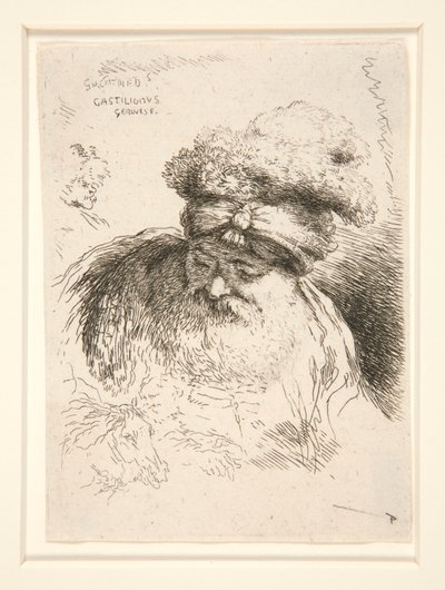 En gammal man med stort skägg, sett framifrån, med huvudet och ögonen sänkta, från serien Les petites tetes d av Giovanni Benedetto Castiglione