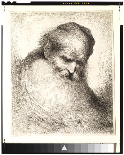 Skäggig gammal man med huvudet framåtlutat, iklädd skallkeps, vänd åt höger av Giovanni Benedetto Castiglione