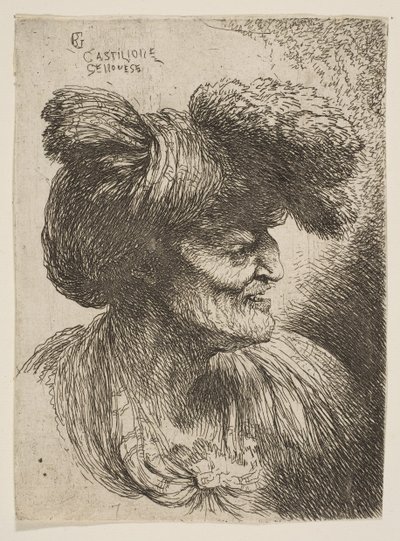 Byst av skägglös gubbe i profil vänd åt höger, från serien Small Head..., ca. 1645-1650. av Giovanni Benedetto Castiglione
