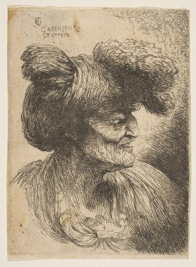 Byst av skägglös gubbe i profil vänd åt höger, från serien Small Heads ..., ca. 1645-50. av Giovanni Benedetto Castiglione