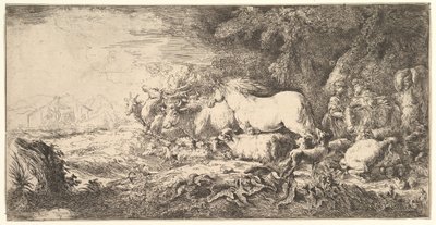 Djuren går in i Noas ark, tre män följer fyrfotingar och fåglar som strider..., ca. 1650-55. av Giovanni Benedetto Castiglione