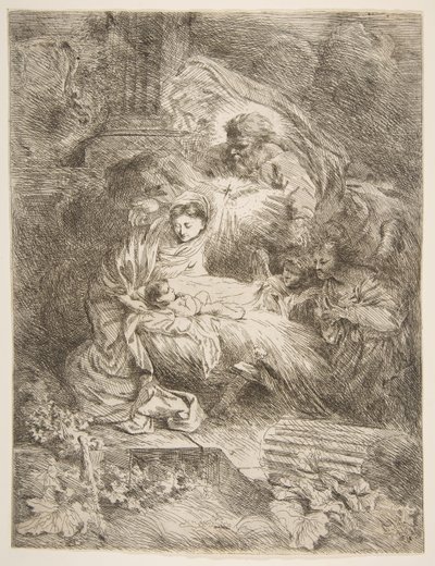 Gud Fadern iakttar jungfrun och barnet, änglar till höger, ca. 1645-47. av Giovanni Benedetto Castiglione