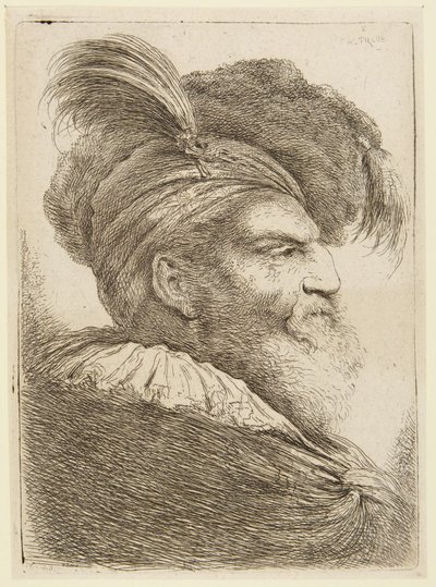 Huvud av en skäggig man med fjäderprydd hatt av Giovanni Benedetto Castiglione