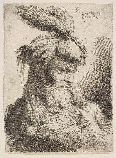 Huvud på en skäggig man med turban vänd åt höger, från serien Small Heads..., ca. 1645-1650. av Giovanni Benedetto Castiglione