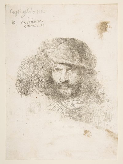 Huvudet på en man som bär en fjädermössa möjligen Bernini, möjligen ett självporträtt..., ca. 1645-1650. av Giovanni Benedetto Castiglione