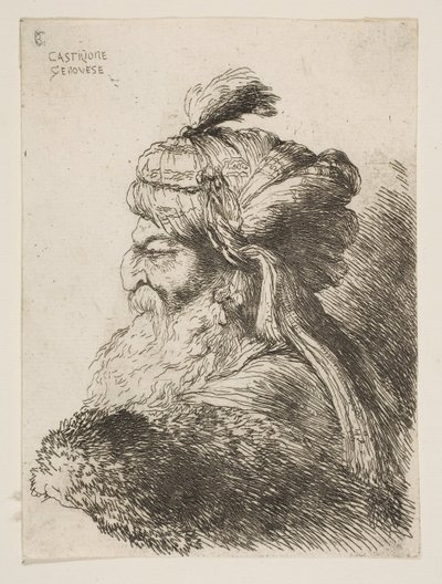 Huvudet på en gammal man med turban vänd åt vänster, från serien Small Heads i ..., ca. 1645-1650. av Giovanni Benedetto Castiglione