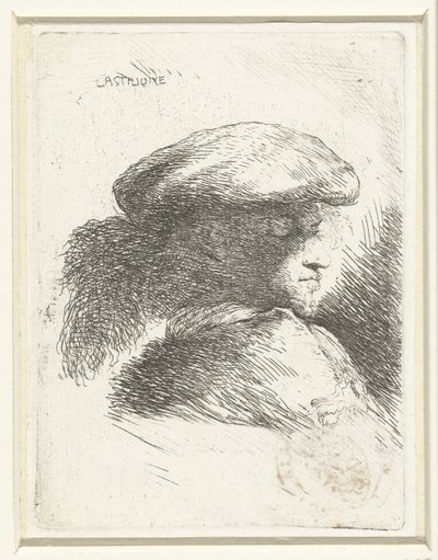 Huvudet av en ung man med en hatt med en fjäder Liten studie av huvuden med orientaliska huvudbonader (serietitel) av Giovanni Benedetto Castiglione