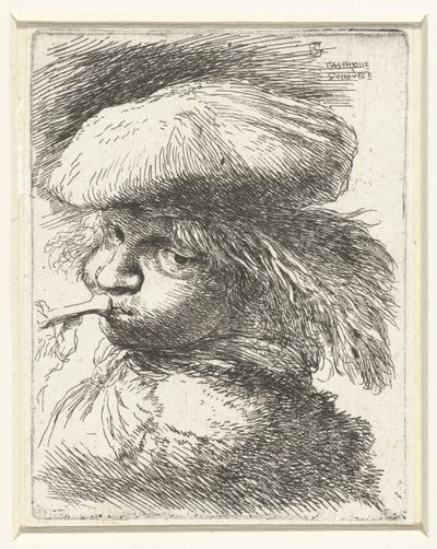 Huvudet av en pojke som blåser i trumpet Liten studie av huvuden med orientaliska huvudbonader (serietitel) av Giovanni Benedetto Castiglione