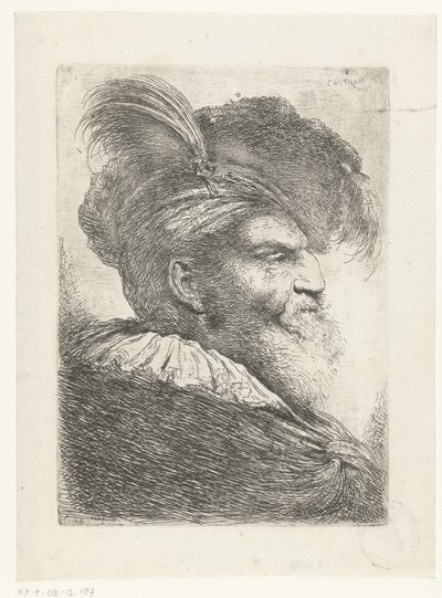 Huvud av en man med turban och pälsmössa Stor studie av huvuden med orientaliska huvudbonader (serietitel) av Giovanni Benedetto Castiglione