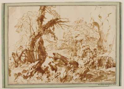 Landskap med en fårhjord som drivs av en herde som leder en lastad mula av Giovanni Benedetto Castiglione