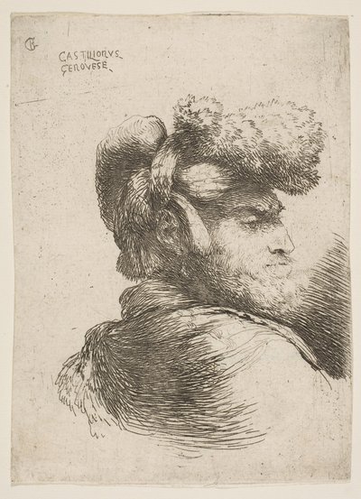 Man i profil vänd åt höger, iklädd pälsmössa, från serie Small Heads i Or..., ca. 1645-1650. av Giovanni Benedetto Castiglione