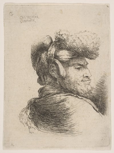 Man i profil vänd åt höger, iklädd pälsmössa, från serien Small Heads in Orie..., ca. 1645-50. av Giovanni Benedetto Castiglione
