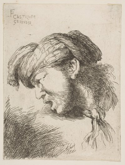 Man klädd i turban, en slips runt halsen, vänd åt vänster, från serien av..., 1645-1650. av Giovanni Benedetto Castiglione