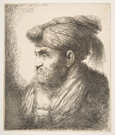 Man med turban vänd åt vänster, från serien Large Oriental Heads, ca. 1645-50. av Giovanni Benedetto Castiglione