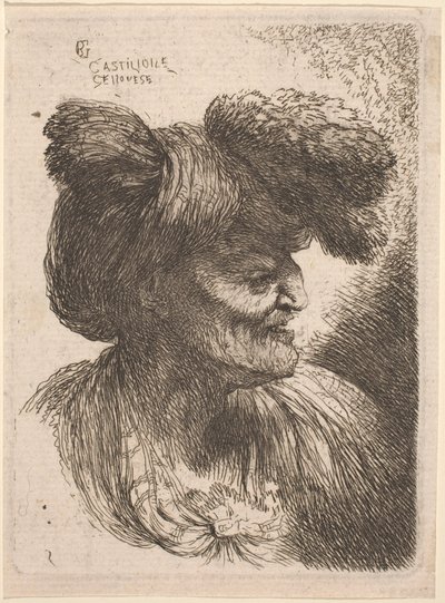 Gammal man som bär en turban prydd med päls, vänd åt höger av Giovanni Benedetto Castiglione