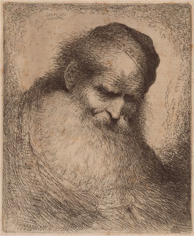 Gammal man med långt skägg och kalot, framåtlutad av Giovanni Benedetto Castiglione