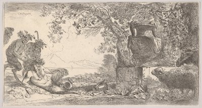 Pann liggande till vänster med två stående satyrer, en stor vas på en piedestal till höger, ca. 1645. av Giovanni Benedetto Castiglione