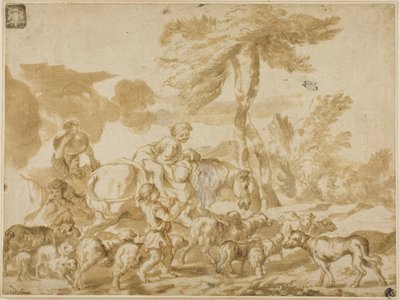 Bondefamilj med får och hund av Giovanni Benedetto Castiglione