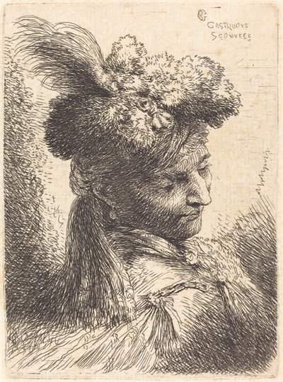 Ung man som bär en pälshuvudbonad med ett pannband, vänd åt höger av Giovanni Benedetto Castiglione