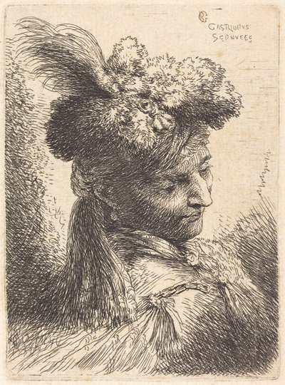 Ung man med huvudbonad av päls och pannband, vänd åt höger av Giovanni Benedetto Castiglione