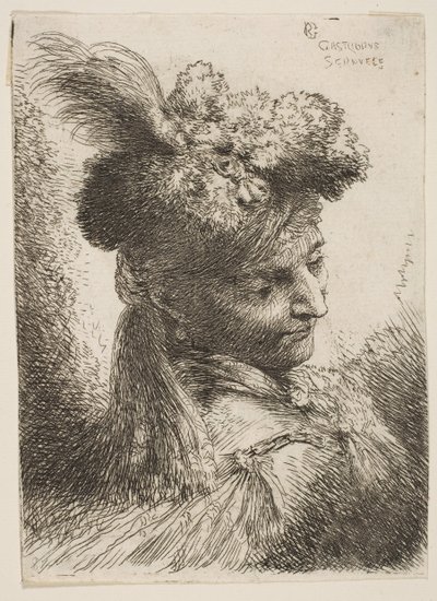 Ung man vänd mot tre fjärdedelar höger klädd i en pälshuvudbonad med en plym, juvel ..., ca. 1645-1650. av Giovanni Benedetto Castiglione