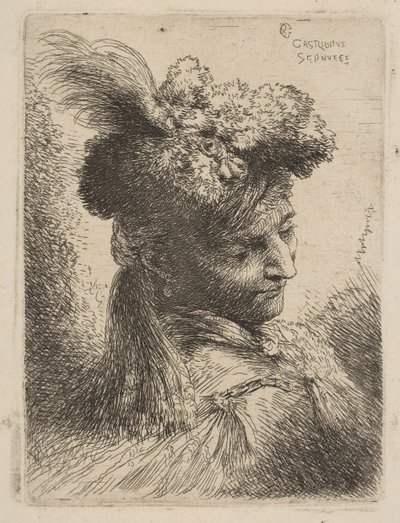 Ung man vänd mot tre fjärdedelar höger klädd i en pälshuvudbonad med en plym, juvel och..., ca. 1645-50. av Giovanni Benedetto Castiglione