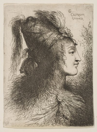 Ung man med plymerad turban, vänd åt höger, från serien Small Heads ..., ca. 1645-1650. av Giovanni Benedetto Castiglione