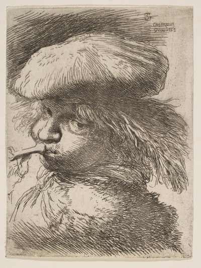 Ung man med en trumpet vänd åt vänster, från serien Small Heads in Oriental..., ca. 1645-1650. av Giovanni Benedetto Castiglione