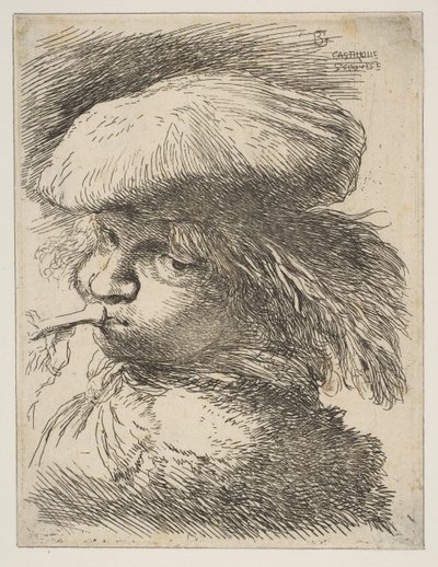 Ung man med en trumpet vänd åt vänster, från serien Small Heads in Oriental..., ca. 1645-1650. av Giovanni Benedetto Castiglione